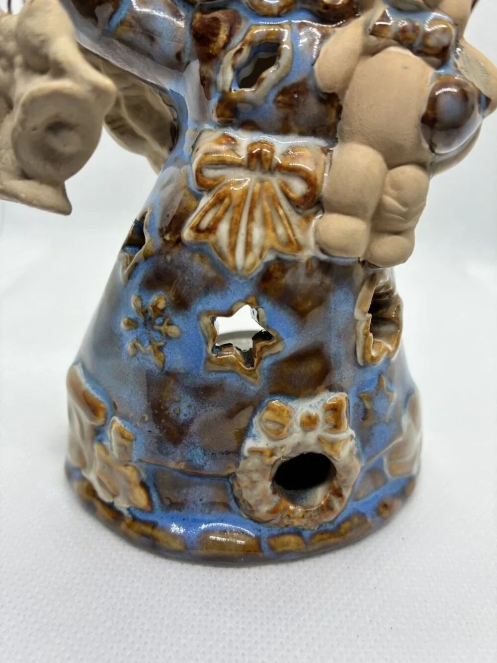 Ceramic Angel Candle Holder Figurine Christmas Decor Tea Light Warmer Blue Brown